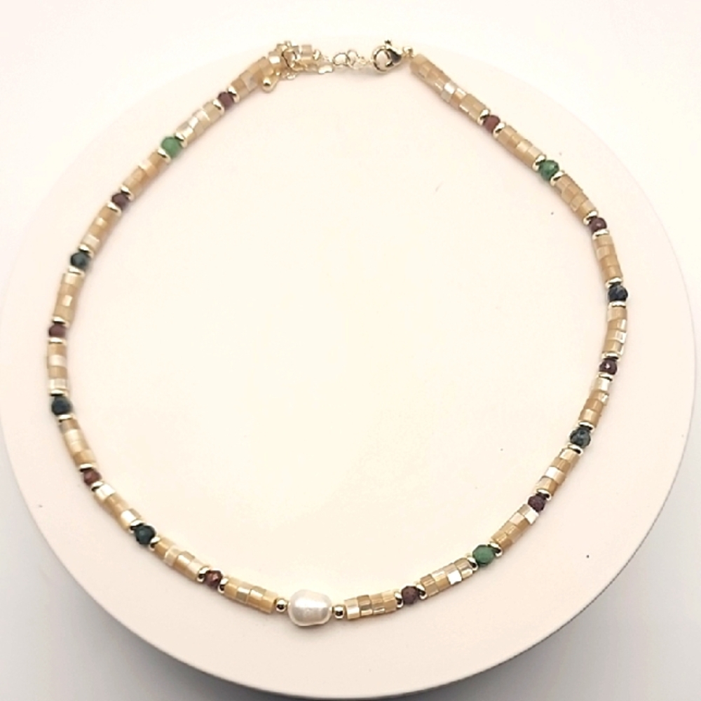 Elegant Gold Mother Of Pearl Necklace With Green And Red Accents